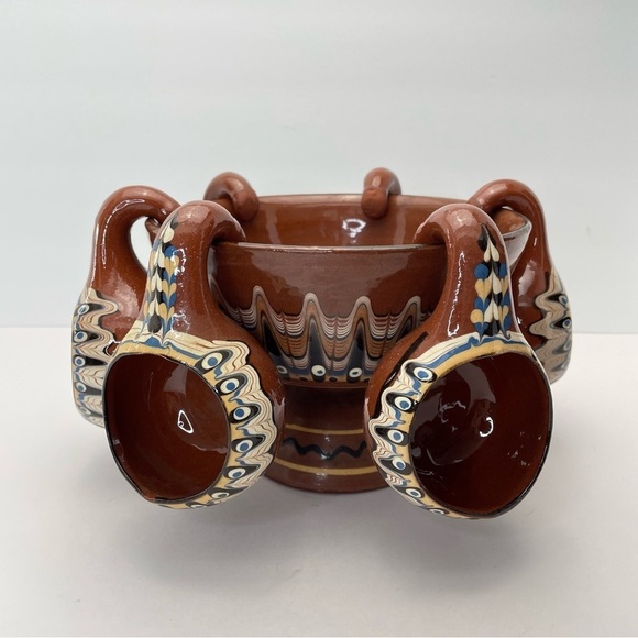 TROYAN Bulgaria Feather Pottery Pedestal Bowl &  6 Cups - Picture 6 of 13